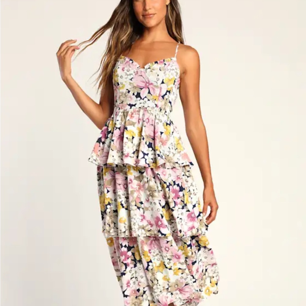 Lulu's Floral Tiered Midi Dress in Pink and Yellow